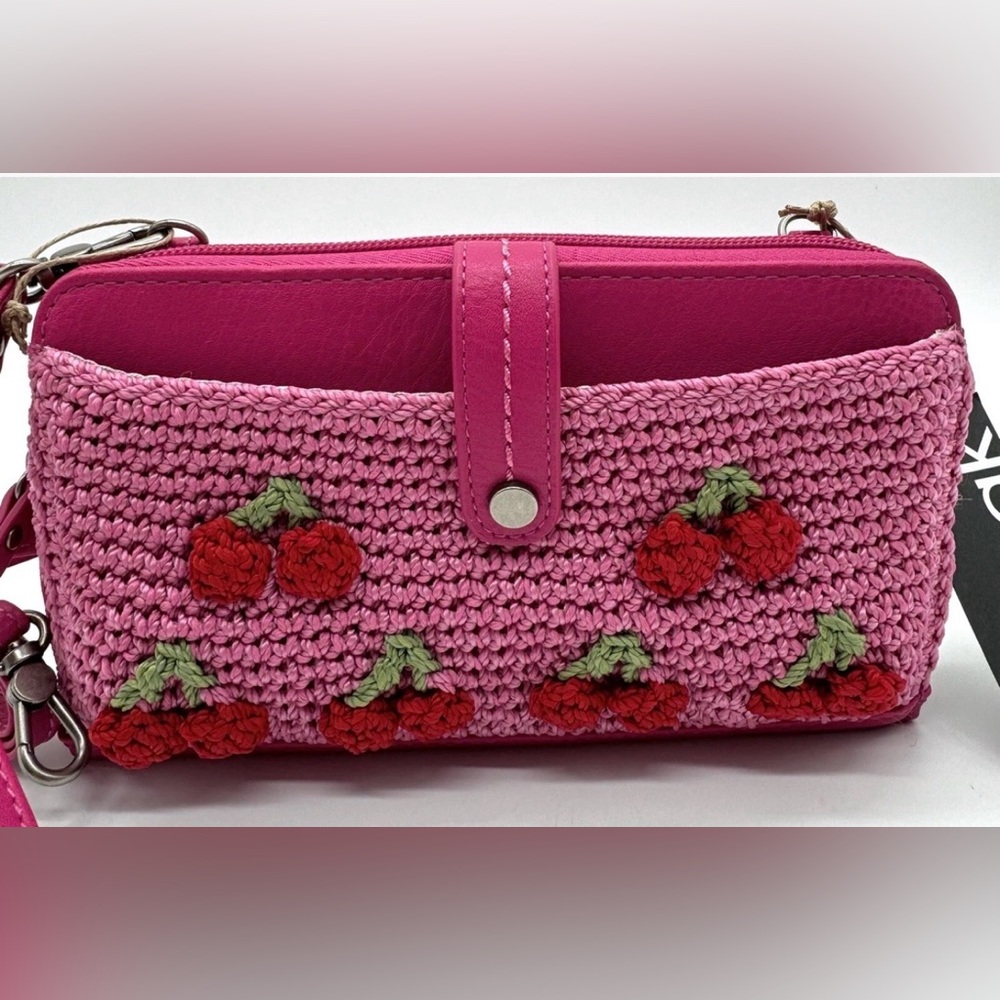 The Sak Iris Cherry Crochet Crossbody Phone Wallet NWT Pink